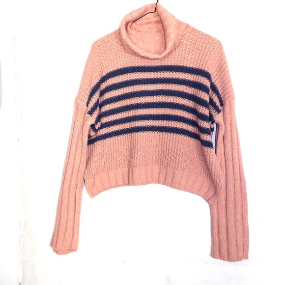 SO Pink Turtleneck Sweater, Long Sleeves With Blue Stripes Women's Size Small - Picture 1 of 2